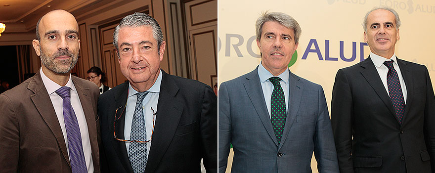 A la izquierda, Ricardo López con Félix Puebla, director de la Asociación para la Promoción de la Asistencia Farmacéutica (Aproafa). A la derecha, Ángel Garrido, presidente de la Comunidad de Madrid y Enrique Ruiz Escudero.