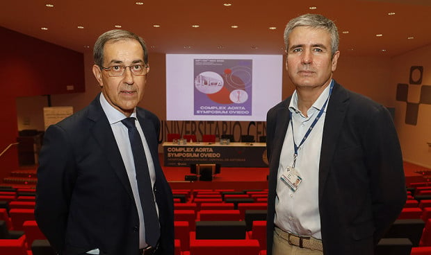 Manuel Alonso, jefe del Servicio de Cirugía Vascular en el HUCA; y Jacobo Silva, jefe del Servicio de Cirugía Cardiaca, analizan el IV Complex Aorta Symposium Oviedo