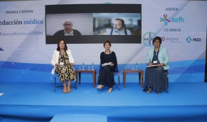  MªJesús Jiménez (SEFH), Monike de Miguel Cascón (SEFH), Eva Negro (Hospital de Getafe). En pantalla: Emili Esteve (Farmaindustria) y César Hernández (Ministerio de Sanidad)