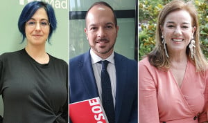 Marta Carmona, Carlos Moreno y Ana Cuartero, portavoces de Más Madrid, PSOE y Vox, respectivamente, en la Asamblea de Madrid.