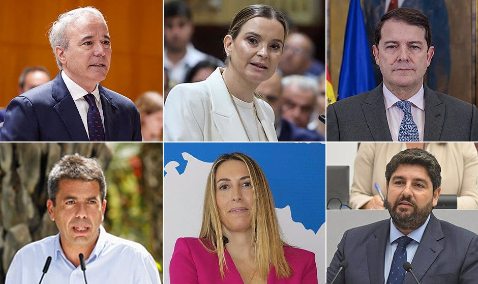 Jorge Azcón (Aragón), Marga Prohens (Islas Baleares), Alfonso Mañueco (Castilla y León), Carlos Mazón (Comunidad Valenciana), María Guardiola (Extremadura) y López Mirás (Murcia).