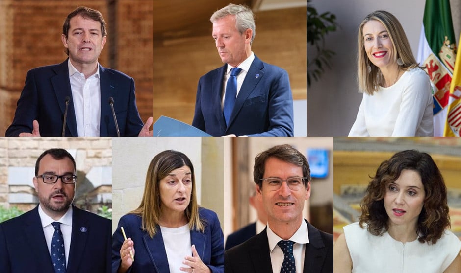 Alfonso Fernández Mañueco, Alfonso Rueda, María Guardiola, Adrián Barbón, María José Sáenz de Buruaga, Gonzalo Capellán e Isabel Díaz Ayuso. 