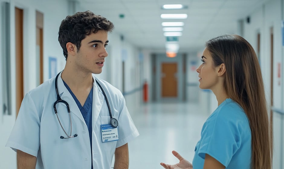 Médico y enfermera en el pasillo de un hospital.